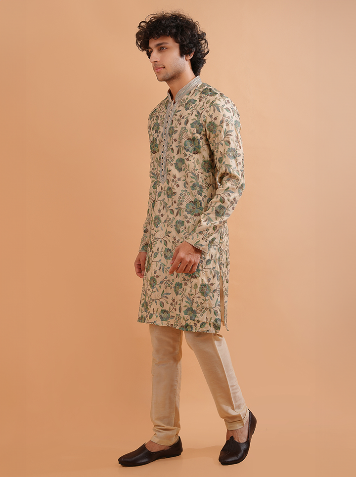 Enjoy sophistication at traditional events in the USA with this Cream & Green Silk Blend Kurta Pajama set.