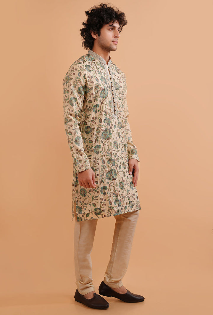 Elegant cream kurta pajama set for men, crafted from silk blend for traditional wear.