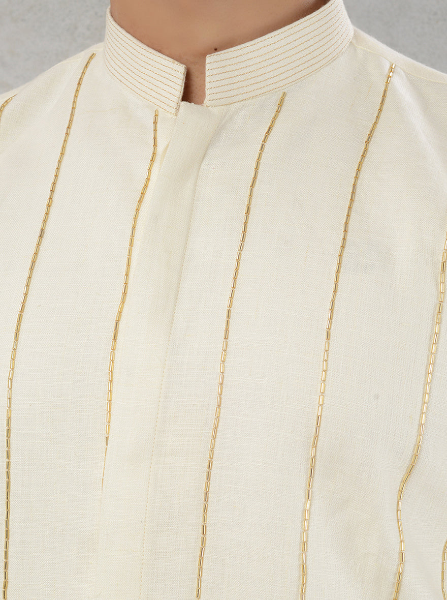 Men’s Traditional Cream Linen Kurta Pajama with Classic Embroidery