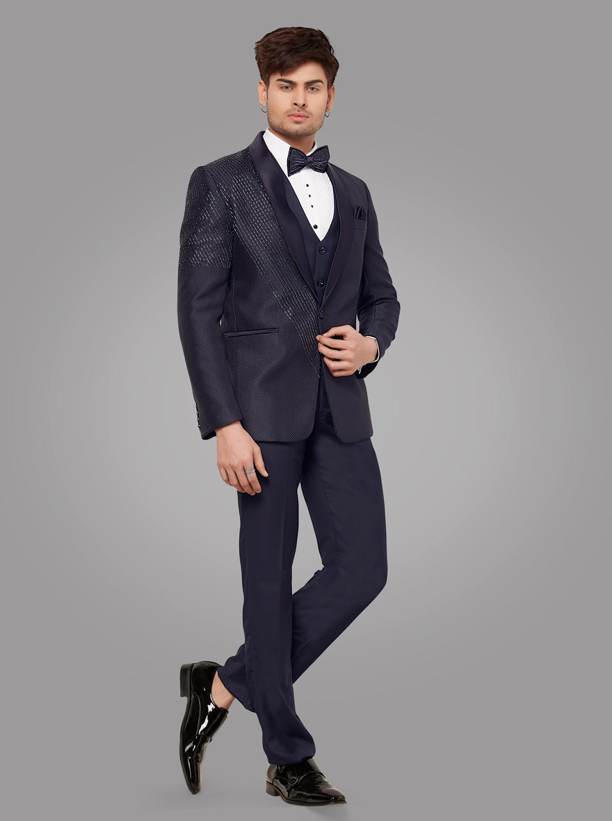 Tailored navy-blue Jacquard suit designed for sophistication, perfect for receptions and special occasions.