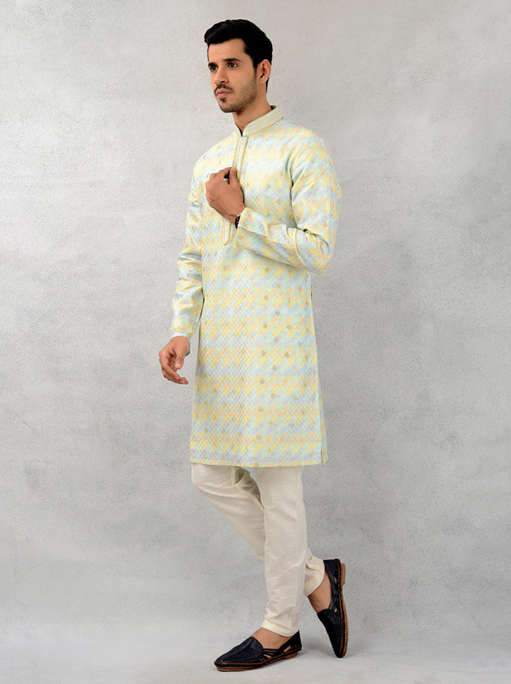 Embrace luxury with this designer multicolor silk kurta pajama, perfect for adding charm to your festive wardrobe.