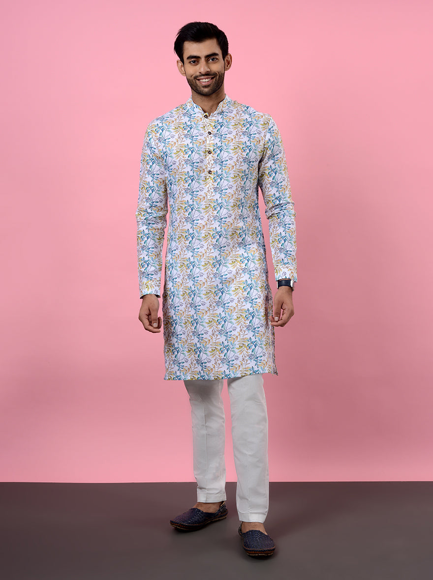 Elegant off-white men’s kurta pajama, ideal for semi-traditional USA occasions.