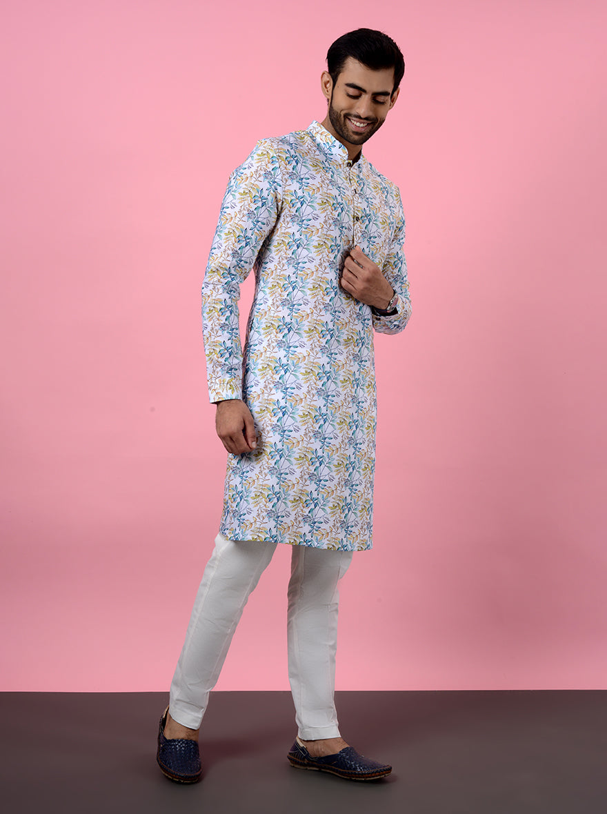 USA men’s off-white kurta, linen fabric with stunning embroidery, for any celebration.