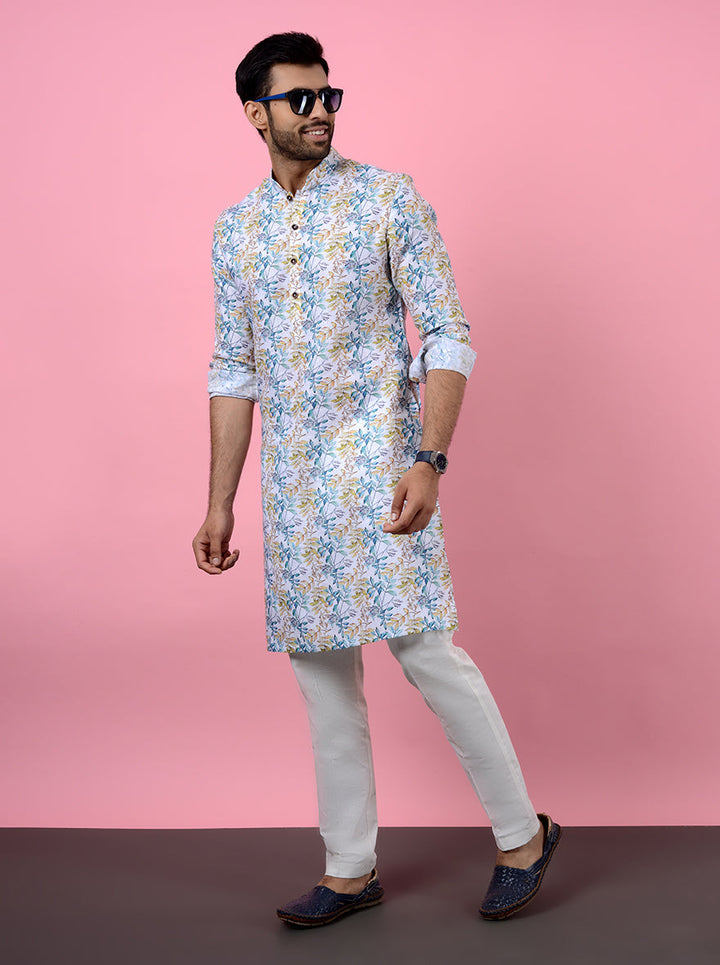 Off-white embroidered kurta pajama, crafted for USA men’s semi-traditional occasions.