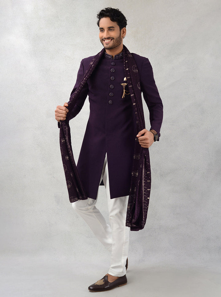 Classic wine indowestern with moti and salli embroidery for sangeet