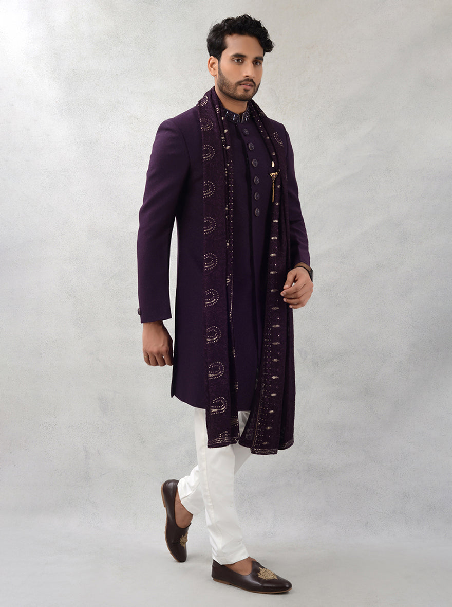 Moti and salli embroidered wine indowestern for men