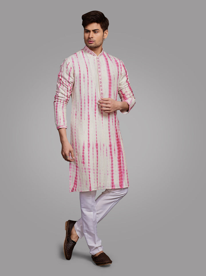 Pink & Green Kurta Pajama for men with intricate embroidery, ideal for weddings.