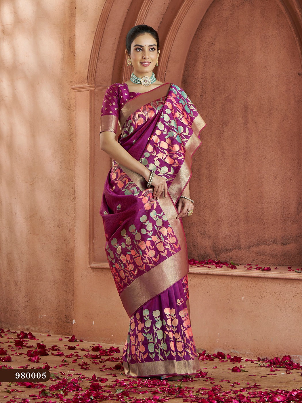 Exquisite lavender-dream Banarasi saree with traditional motifs, complete with silk blouse.