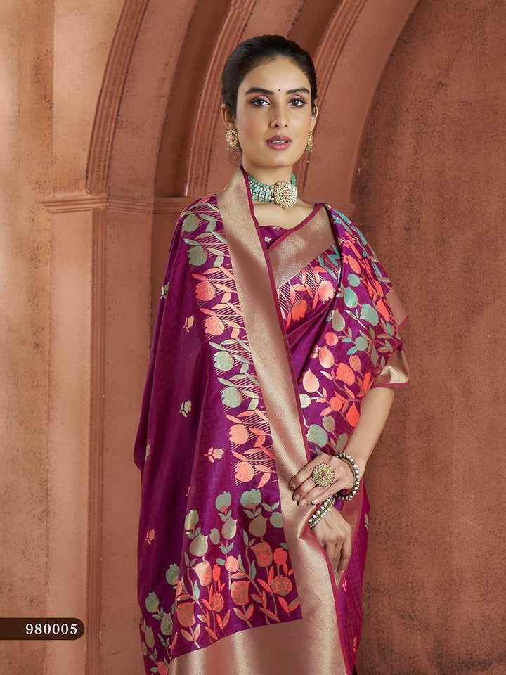 Elegant lavender-dream Banarasi saree with intricate gold embroidery, perfect for weddings.