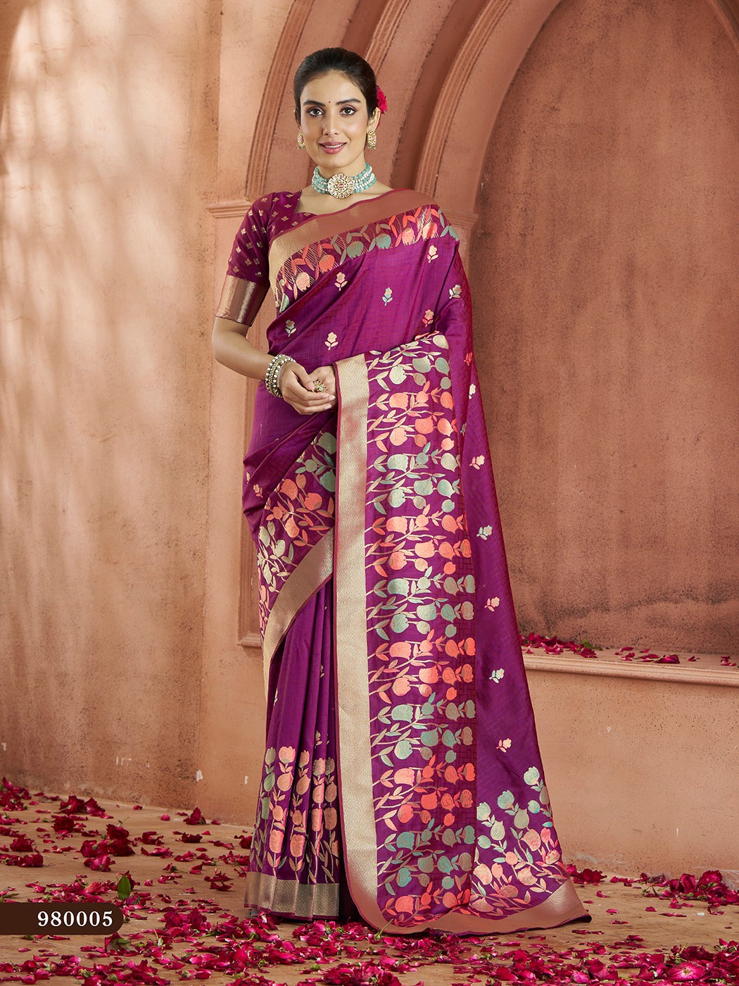 Soft lavender-dream Banarasi saree with gold zari work, perfect for elegant weddings.