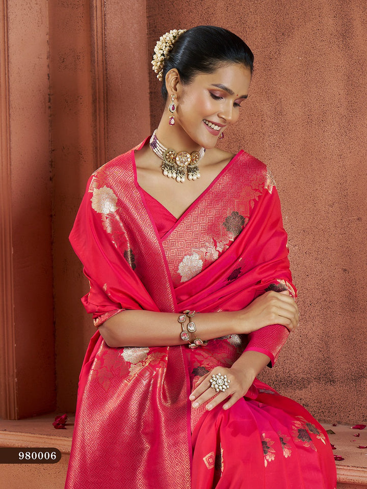 Traditional red Banarasi saree with luxurious silk blouse, ideal for bridal wear.