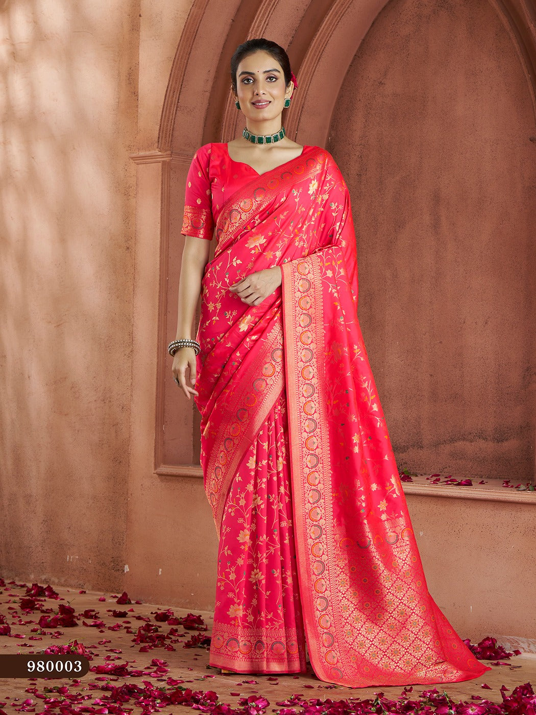 Vibrant bright-pink Banarasi saree with exquisite woven designs, silk blouse included.