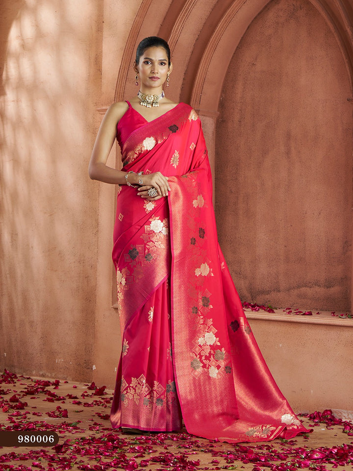 Bold red Banarasi saree with intricate woven designs and silk blouse included.