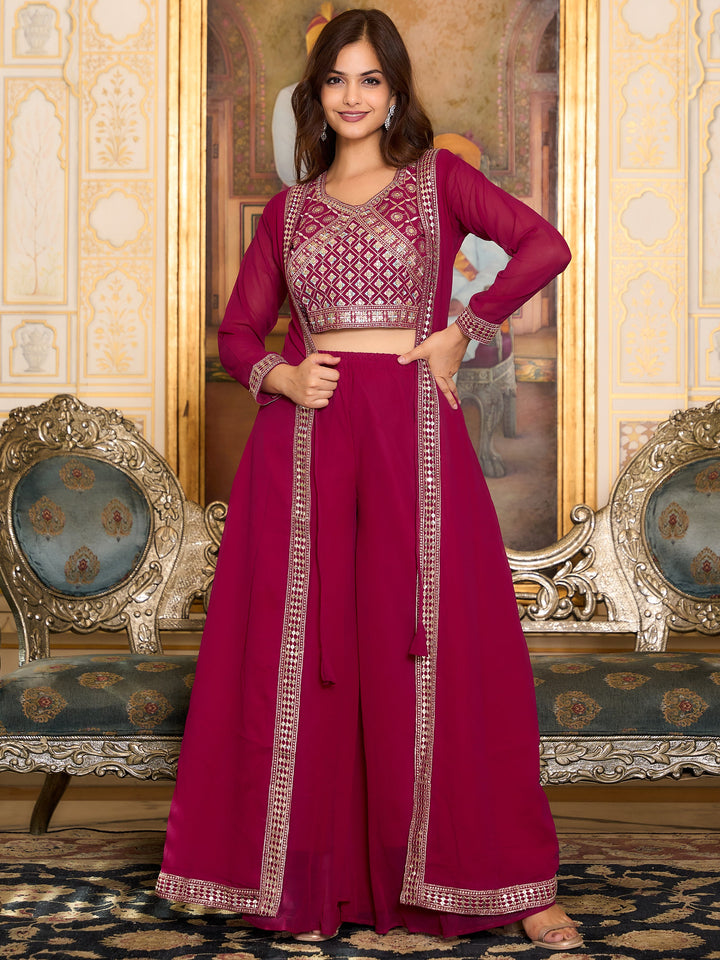 Bewitching Rani Pink Georgette Event Wear Palazzo Top With Shrug