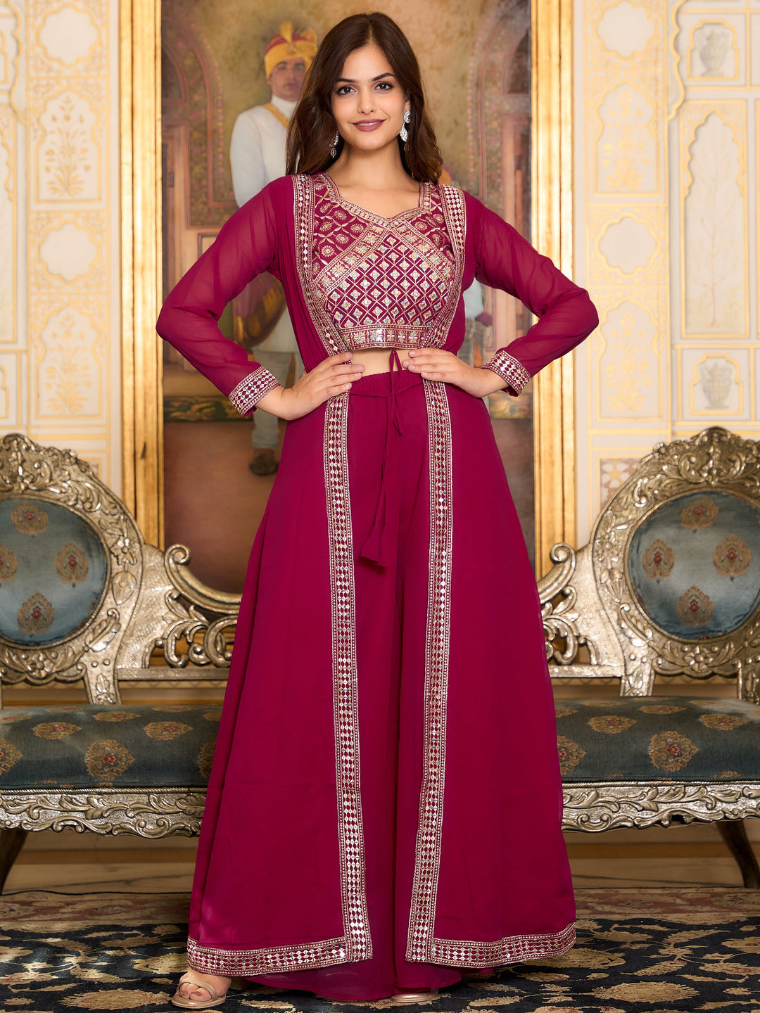 Bewitching Rani Pink Georgette Event Wear Palazzo Top With Shrug