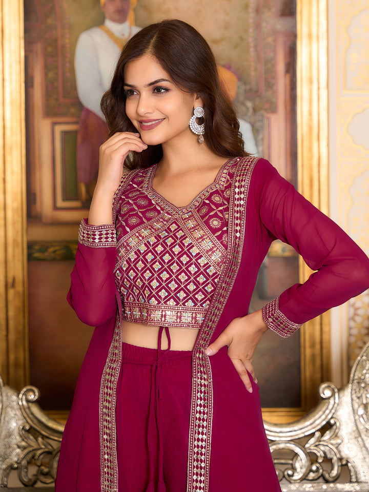 Bewitching Rani Pink Georgette Event Wear Palazzo Top With Shrug