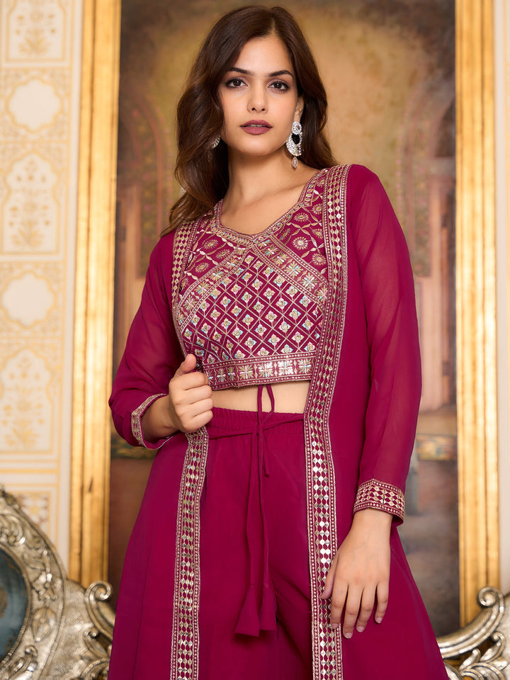 Bewitching Rani Pink Georgette Event Wear Palazzo Top With Shrug