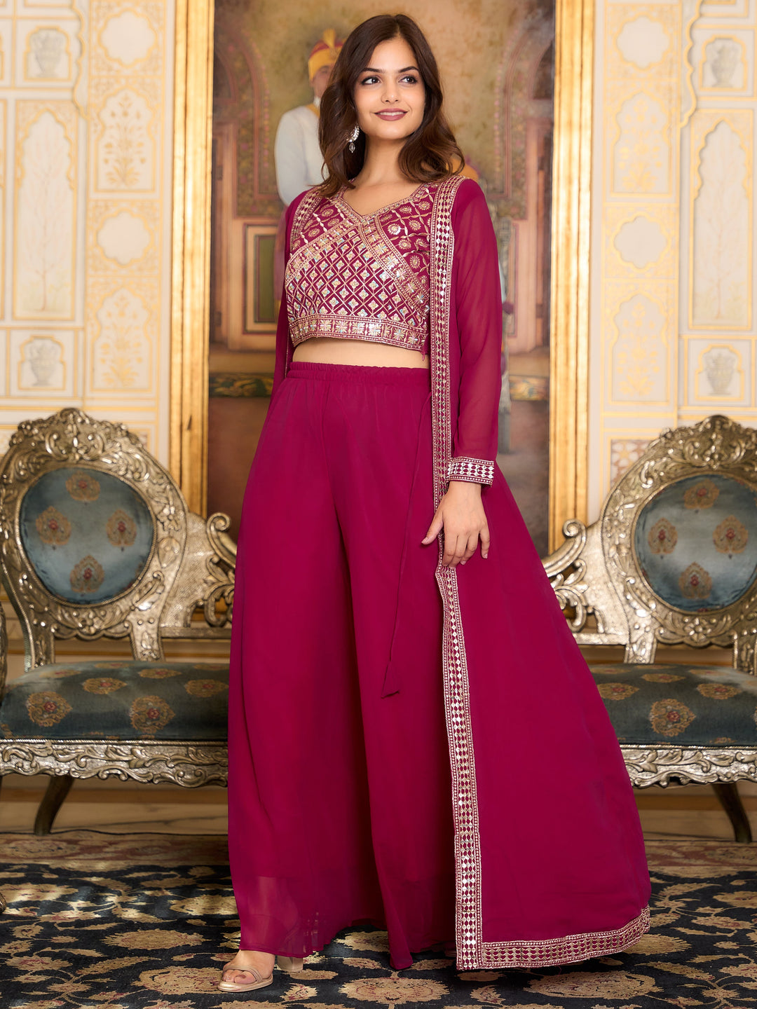 Bewitching Rani Pink Georgette Event Wear Palazzo Top With Shrug