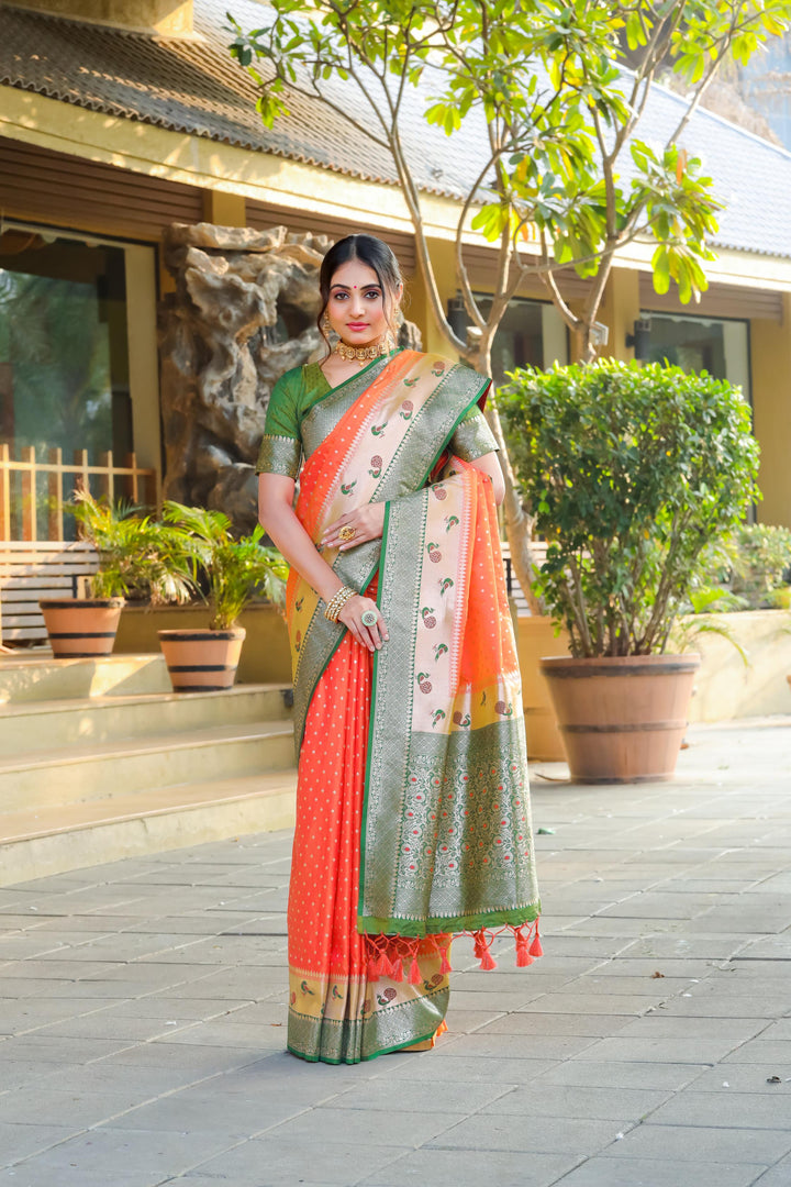 Stunning Peach Banarasi soft silk saree with contrast peacock border, zari pallu, and blouse piece. A must-have for weddings and special occasions.