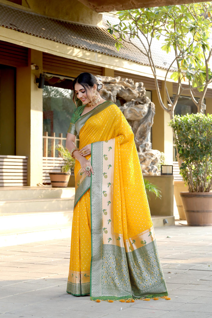 Designer Yellow saree with exquisite peacock border, zari pallu, and fancy tassels. Perfect for weddings and traditional Indian events.