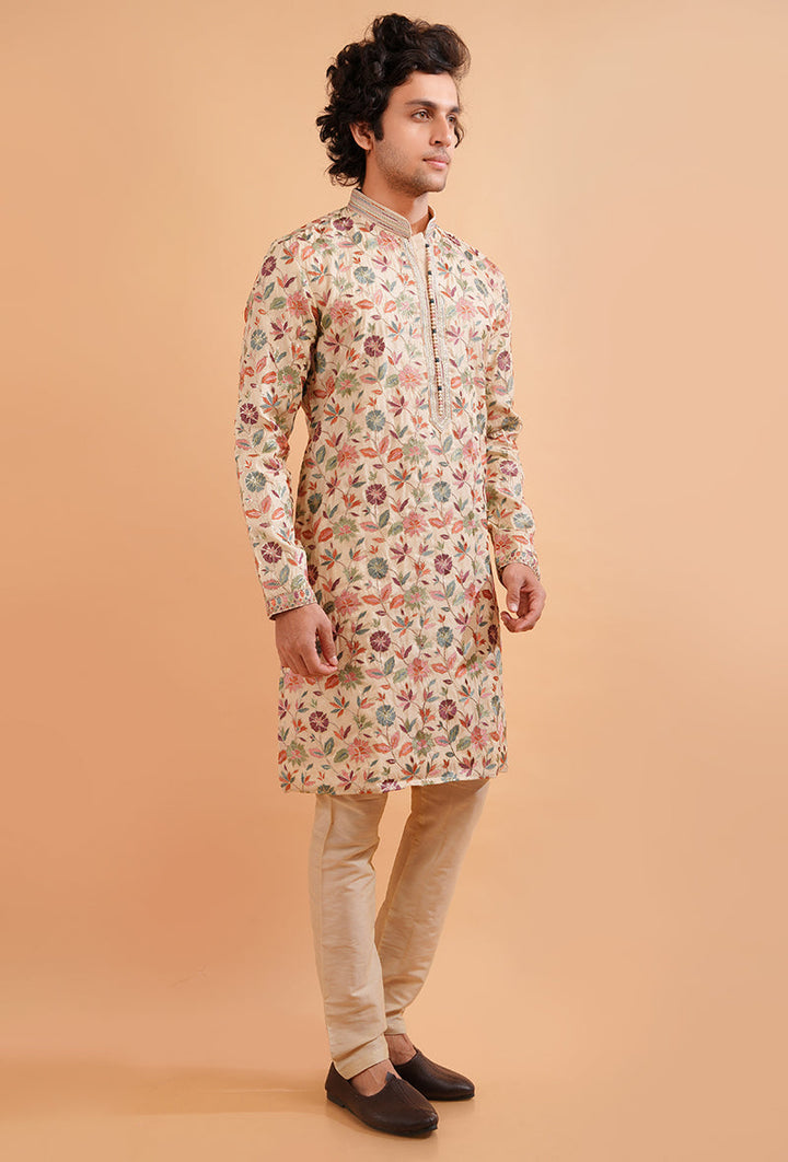 Traditional cream kurta pajama with resham embroidery, ideal for festive and wedding occasions.