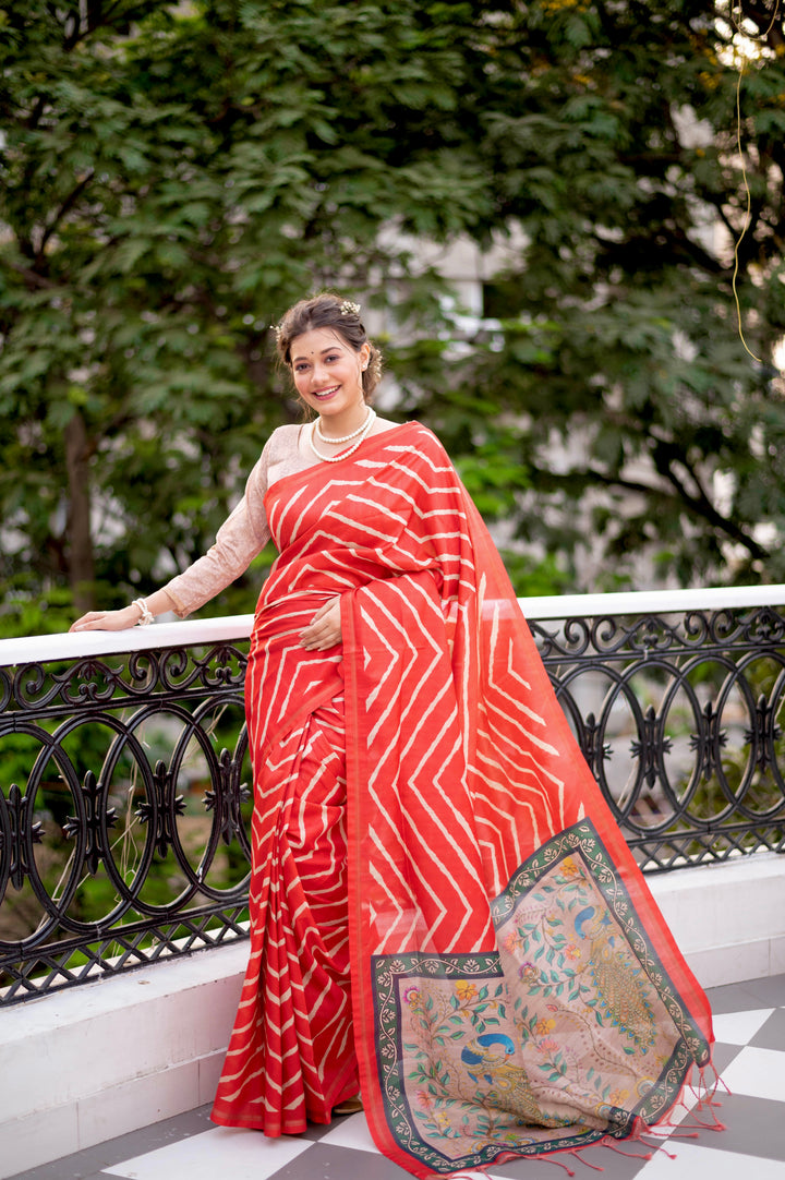 Tussar silk saree with vibrant Leriya print, zari border, and matching blouse piece