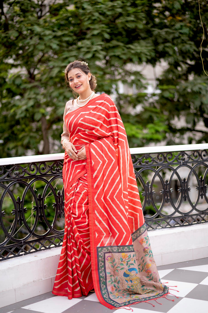 Tussar silk saree with traditional Leriya print, zari border, and Kalamkari pallu