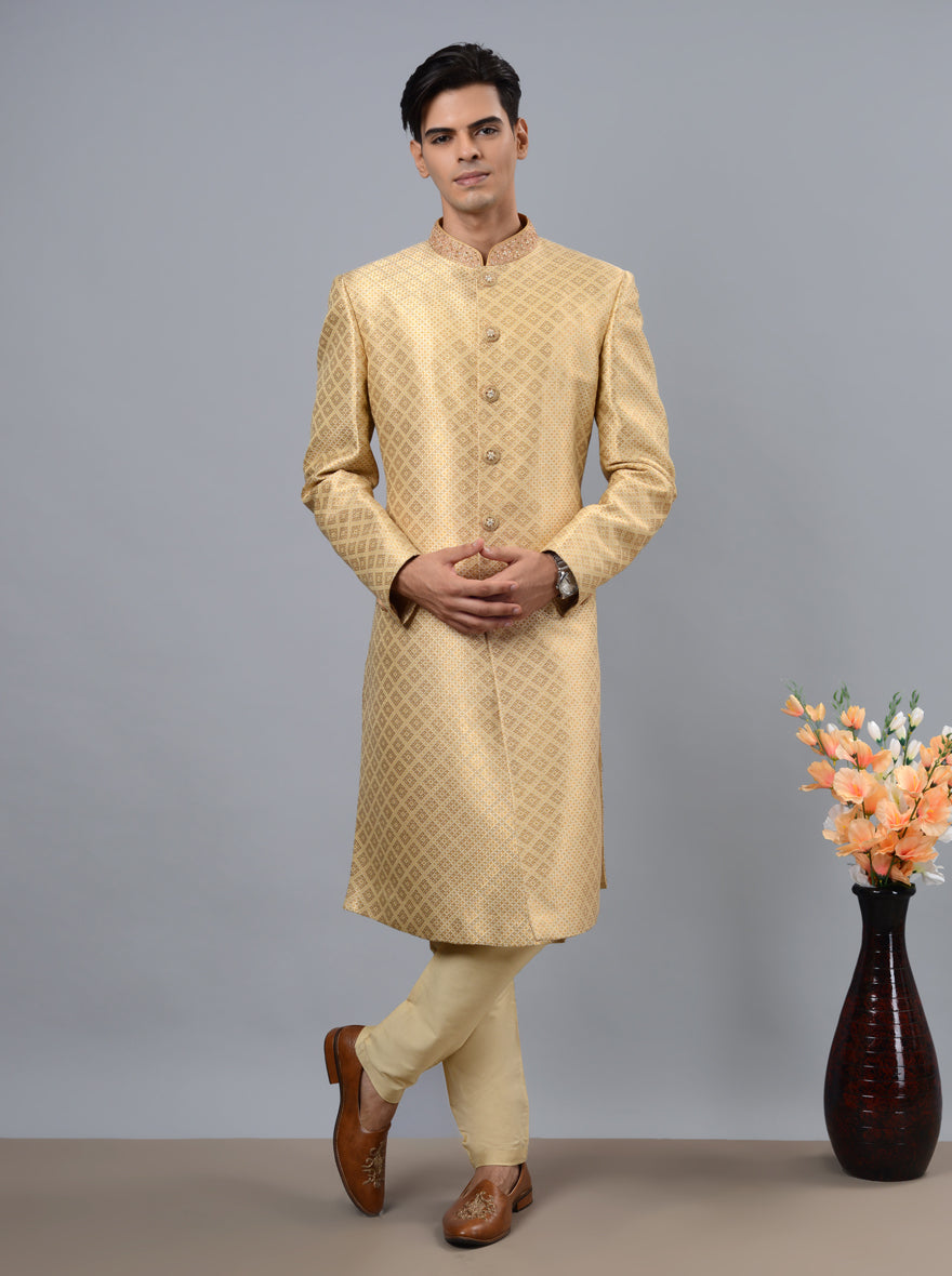 Stylish golden sherwani for grooms, combining traditional charm with luxurious Silk Jacquard.