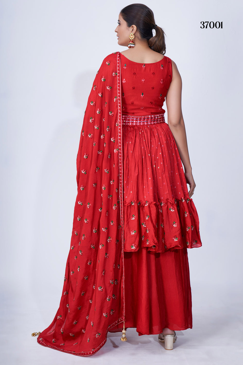 Stylish Red Mirror Work Palazzo Suit with Flared Chiffon Bottom & Elegant Multi Embroidery for Parties.