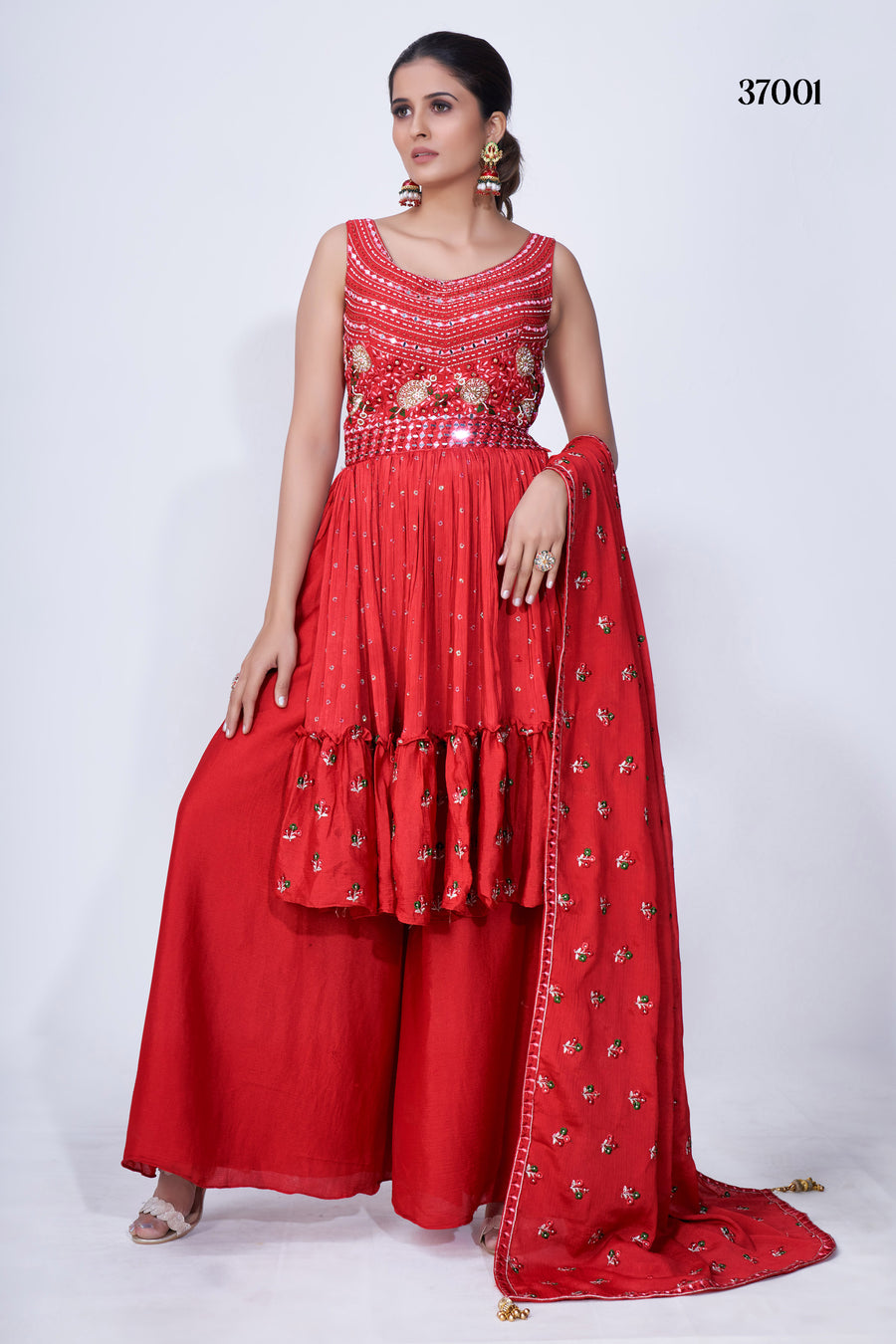 Red Mirror Work Chiffon Palazzo Suit with Multi Embroidery, Satin Lining & Lace Dupatta for Weddings.