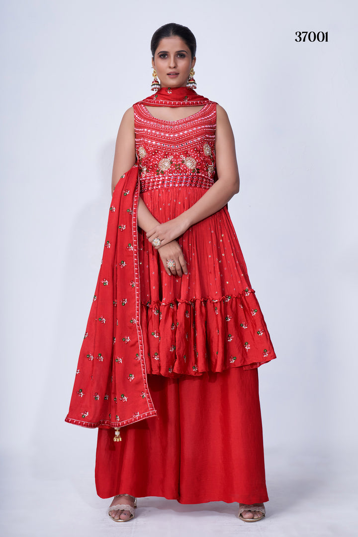 Elegant Wedding Chiffon Suit with Red Mirror Work, Flared Bottom and Dupatta, Ideal for Party Style.