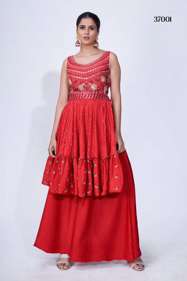 Red Mirror Work Multi-Embroidery Chiffon Palazzo Dress with Satin Lining for Wedding and Party.