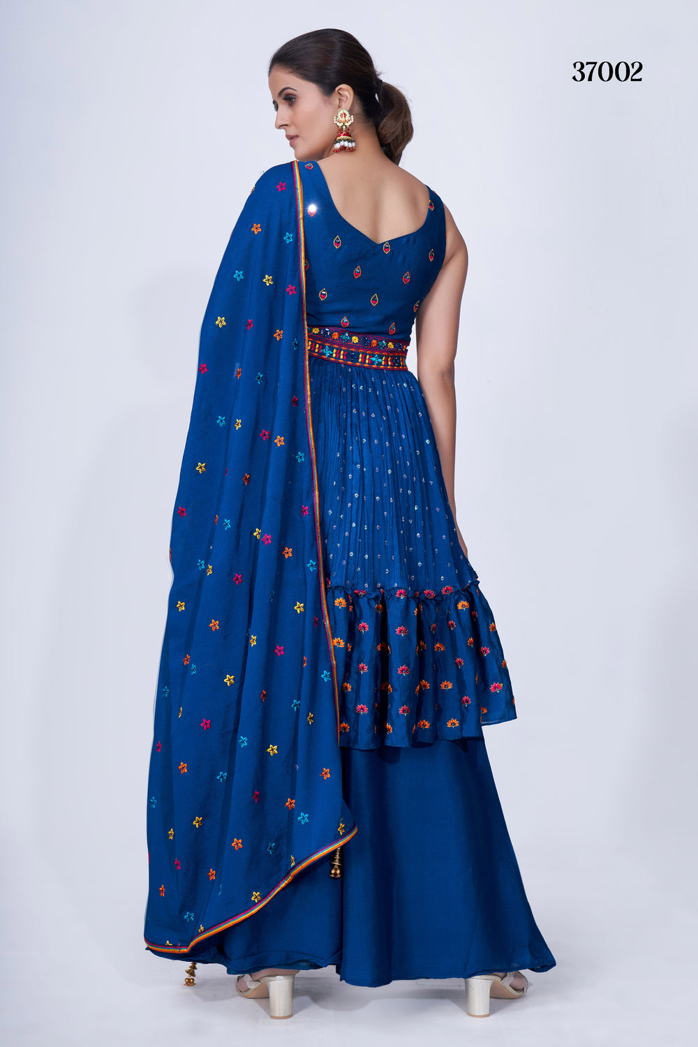 Stunning Blue Mirror Work Chiffon Top and Flared Palazzo for Wedding and Party Occasions with Dupatta.