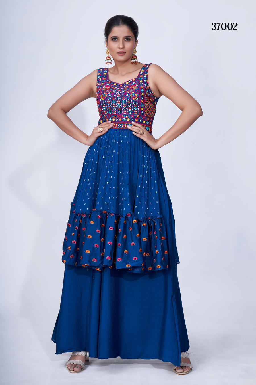 Stylish Blue Mirror Work Palazzo Suit with Flared Chiffon Bottom & Elegant Multi Embroidery for Parties.