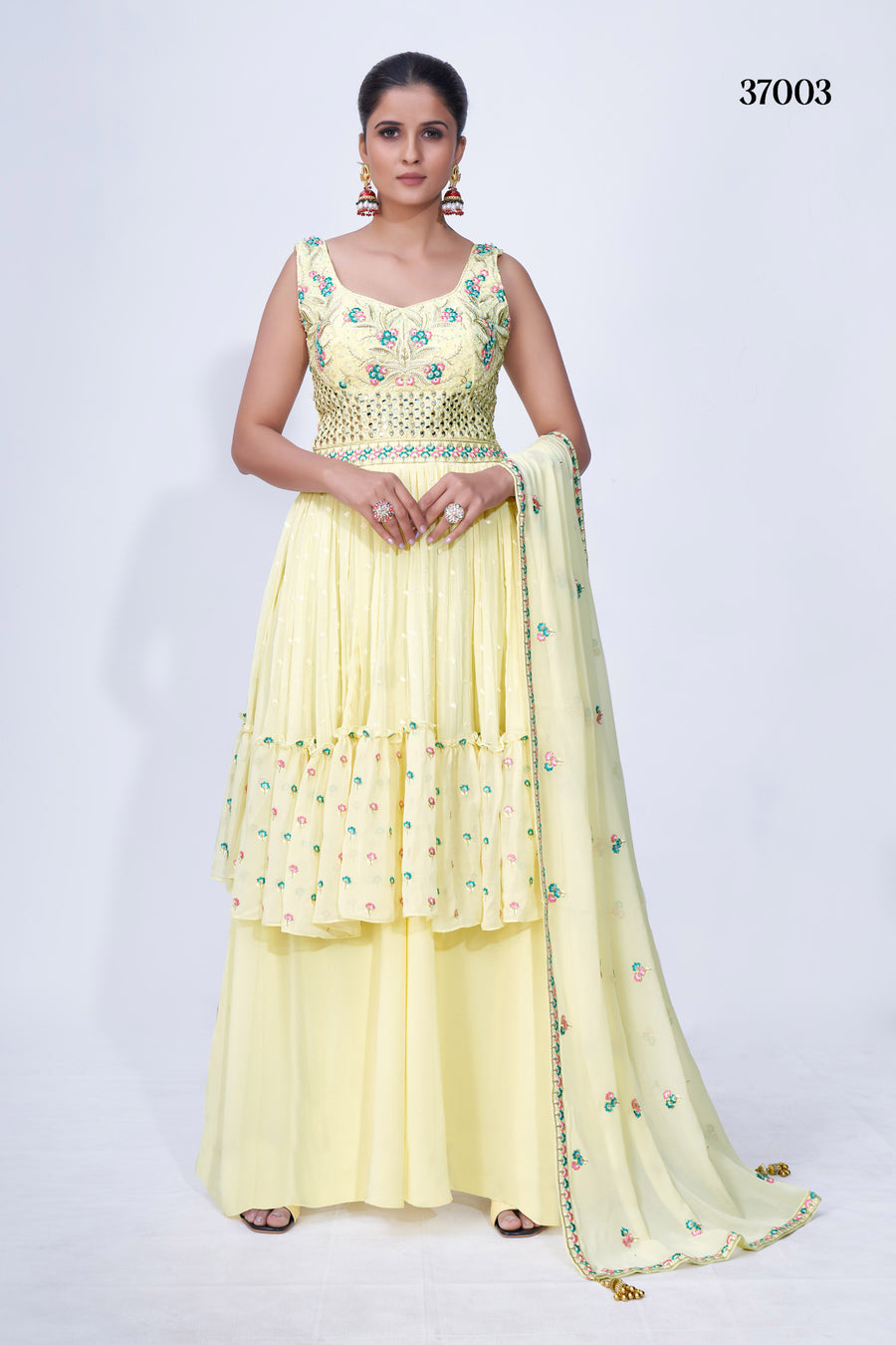 Yellow Mirror Work Chiffon Palazzo Suit with Multi Embroidery, Satin Lining & Lace Dupatta for Weddings.