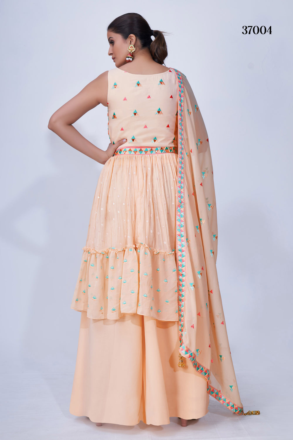 Stylish Beige Mirror Work Palazzo Suit with Flared Chiffon Bottom & Elegant Multi Embroidery for Parties.