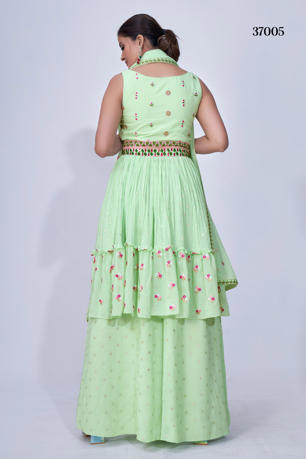 Stylish Green Mirror Work Palazzo Suit with Flared Chiffon Bottom & Elegant Multi Embroidery for Parties.