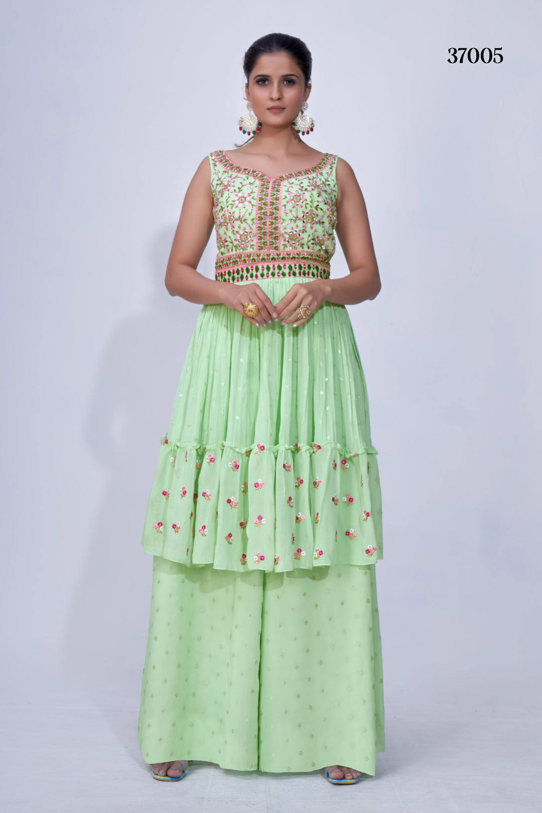 Stunning Green Mirror Work Chiffon Top and Flared Palazzo for Wedding and Party Occasions with Dupatta.