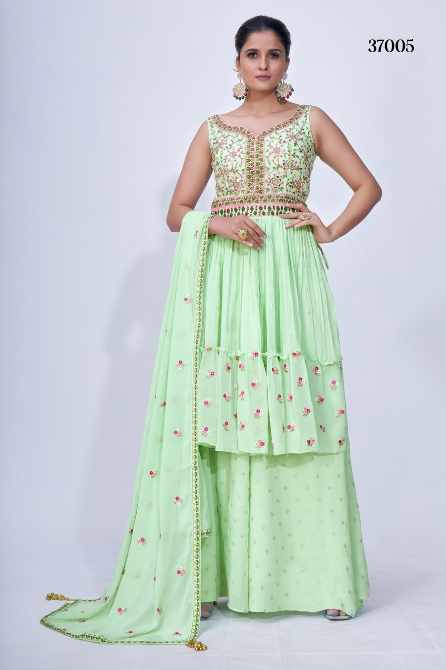 Green Mirror Work Chiffon Palazzo Suit with Multi Embroidery, Satin Lining & Lace Dupatta for Weddings.