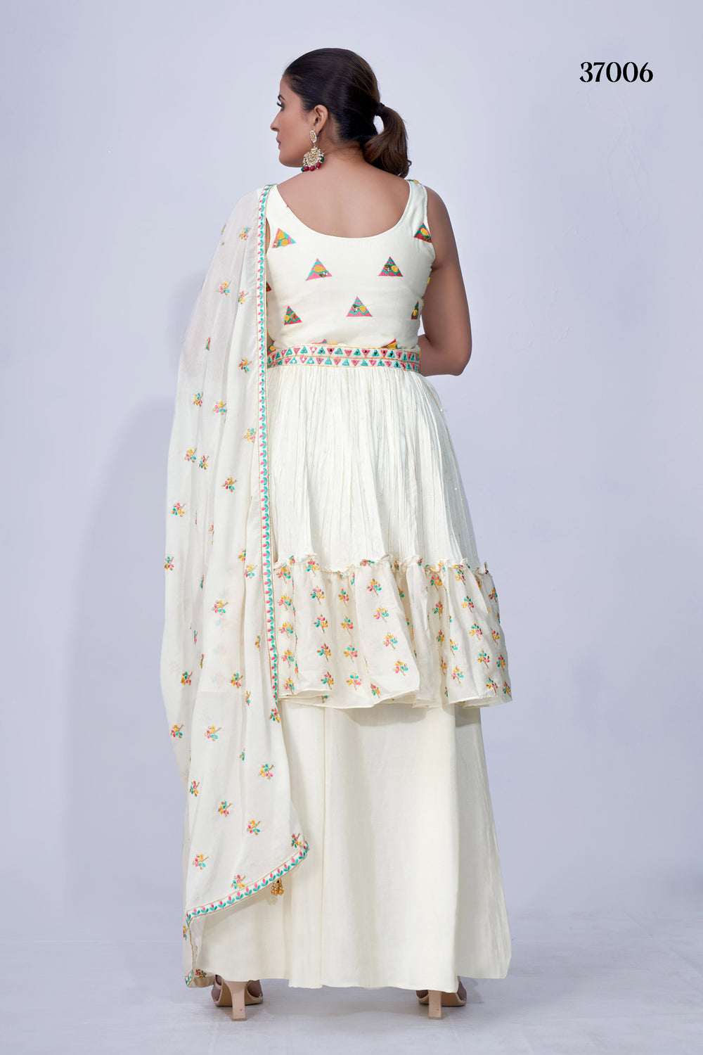 Stylish White Mirror Work Palazzo Suit with Flared Chiffon Bottom & Elegant Multi Embroidery for Parties.