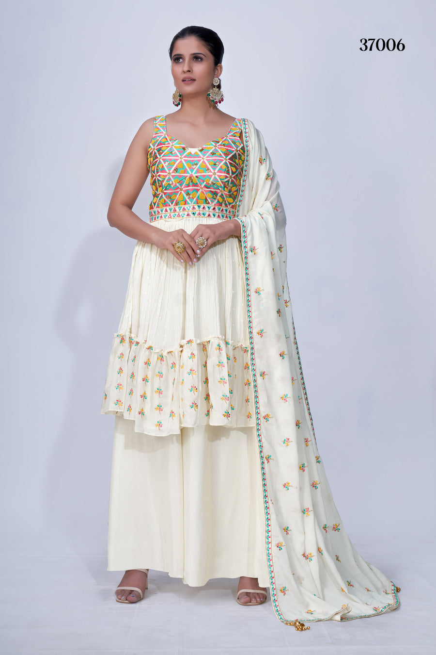 White Mirror Work Chiffon Palazzo Suit with Multi Embroidery, Satin Lining & Lace Dupatta for Weddings.