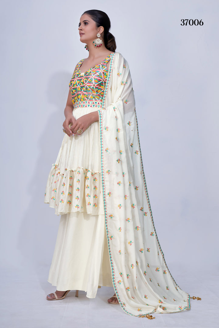 Elegant Wedding Chiffon Suit with White Mirror Work, Flared Bottom and Dupatta, Ideal for Party Style.