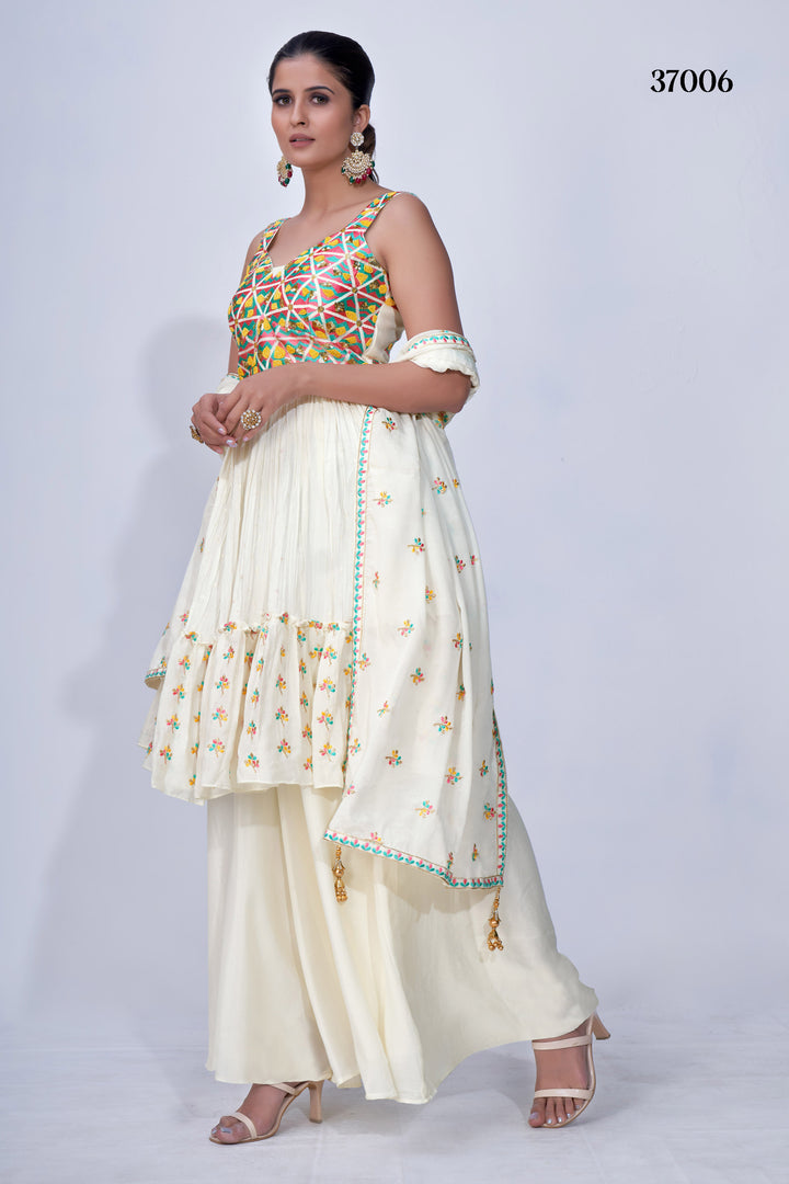 White Mirror Work Multi-Embroidery Chiffon Palazzo Dress with Satin Lining for Wedding and Party.