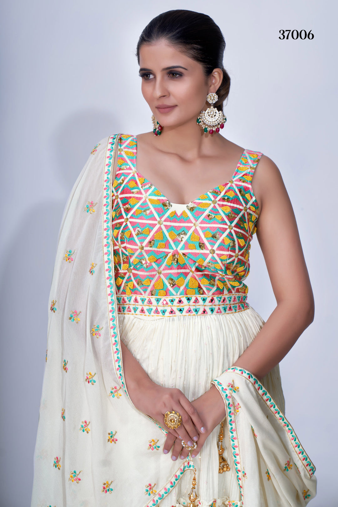 Gorgeous White Mirror Work Chiffon Palazzo Suit with Pleated Patterns & Lace Dupatta for Weddings.