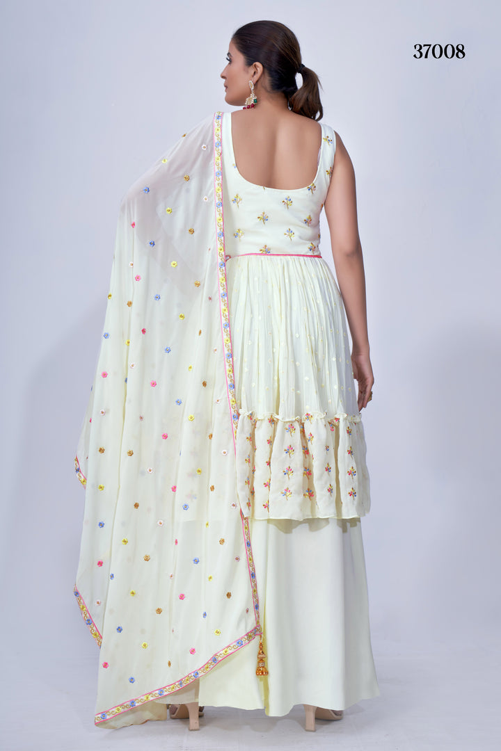 Stylish Off White Mirror Work Palazzo Suit with Flared Chiffon Bottom & Elegant Multi Embroidery for Parties.