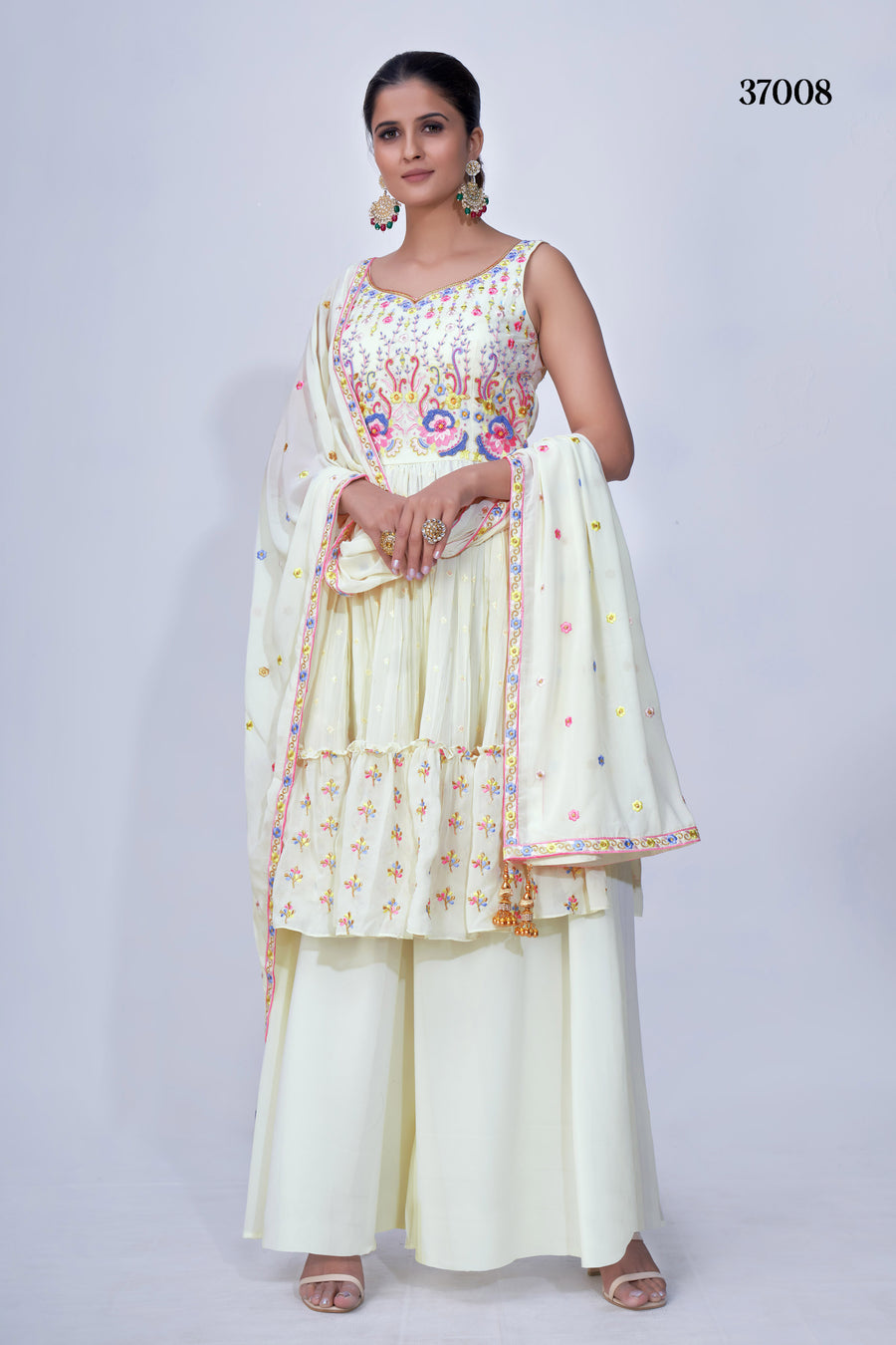 Off White Mirror Work Chiffon Palazzo Suit with Multi Embroidery, Satin Lining & Lace Dupatta for Weddings.