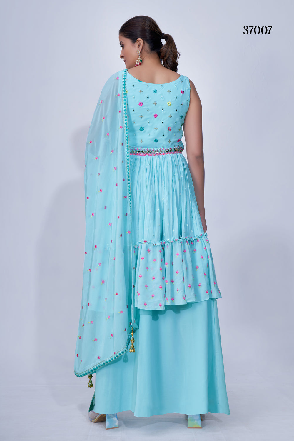 Elegant sky blue chiffon palazzo suit with multi-resham thread and mirror work, perfect for weddings.