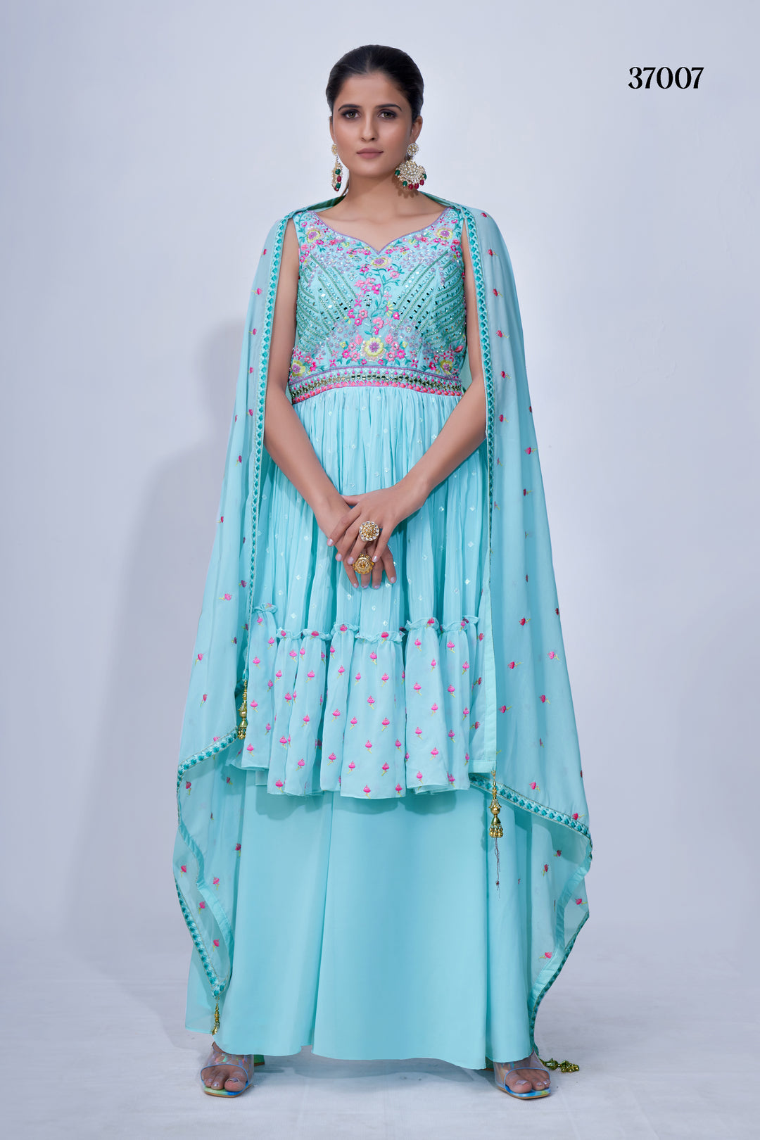 Sky Blue Mirror Work Multi Embroidery Chiffon Palazzo Suit with pleated chiffon top and satin-lined palazzo.