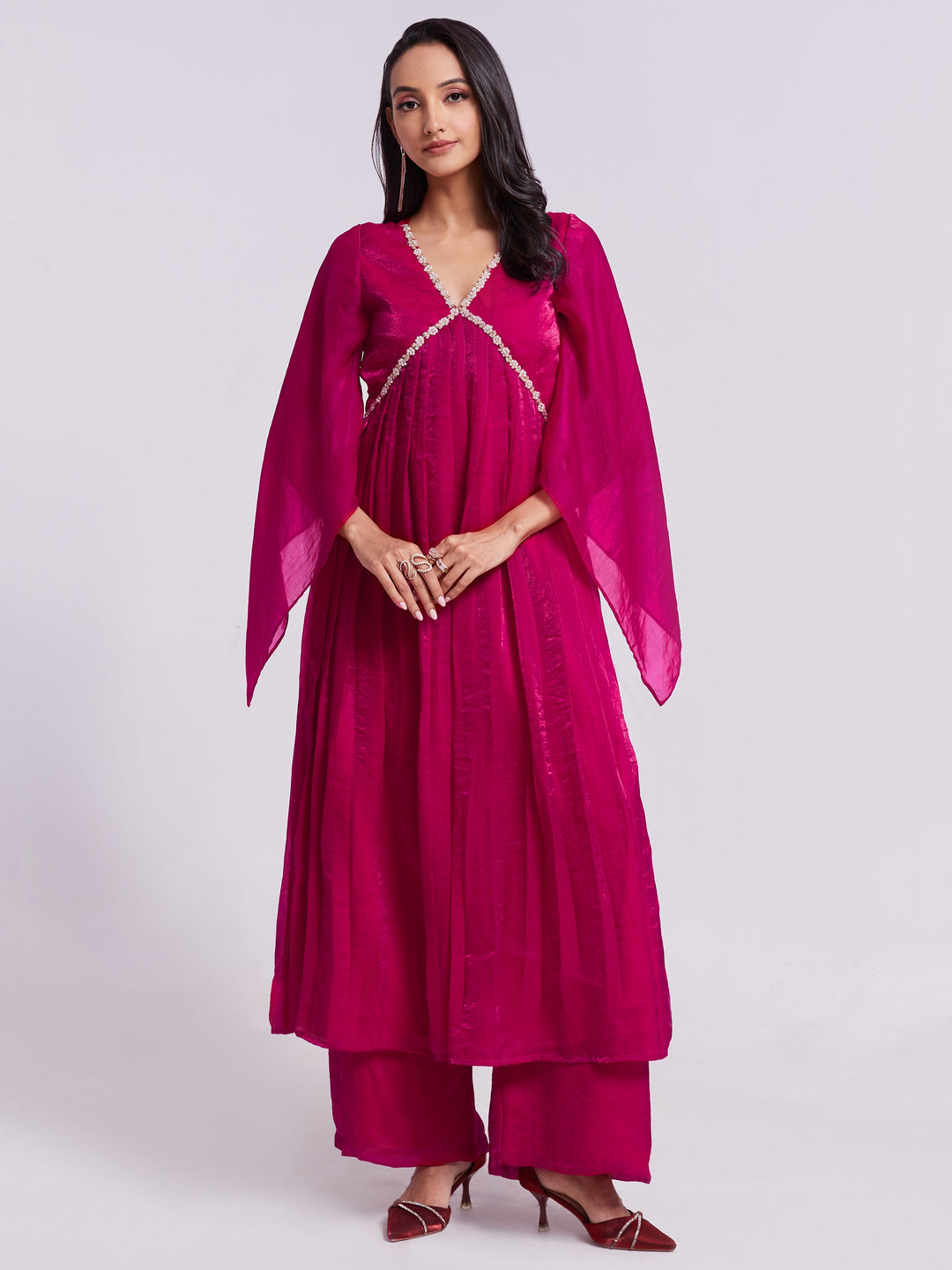 Fantastic Pink Lace Work Organza Party Wear Kurta With Palazzo