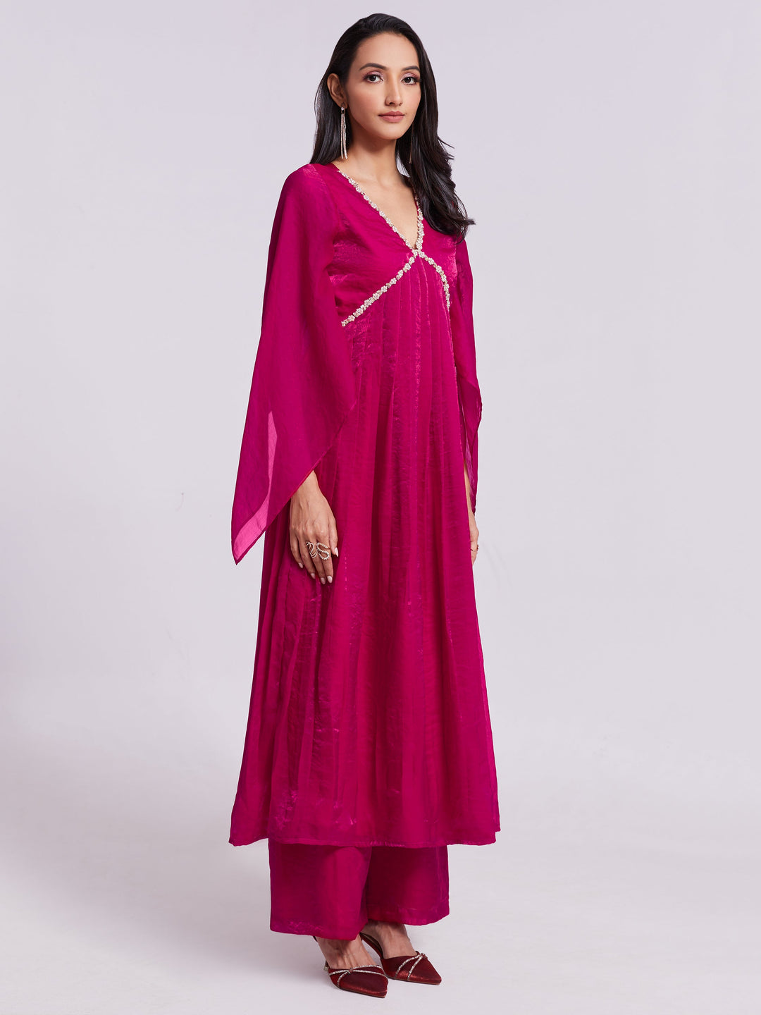 Fantastic Pink Lace Work Organza Party Wear Kurta With Palazzo